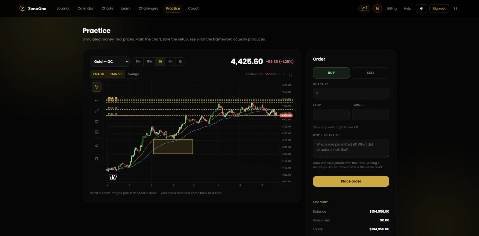 The ZenuOne practice screen: a gold 1H candlestick chart with drawn levels, an order ticket asking which rule permitted the trade, and a simulated account balance.